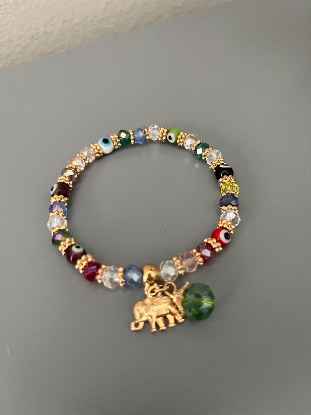 Multicolor Crystal Beaded Bracelet with Gold Elephant Charm/Evil Eye